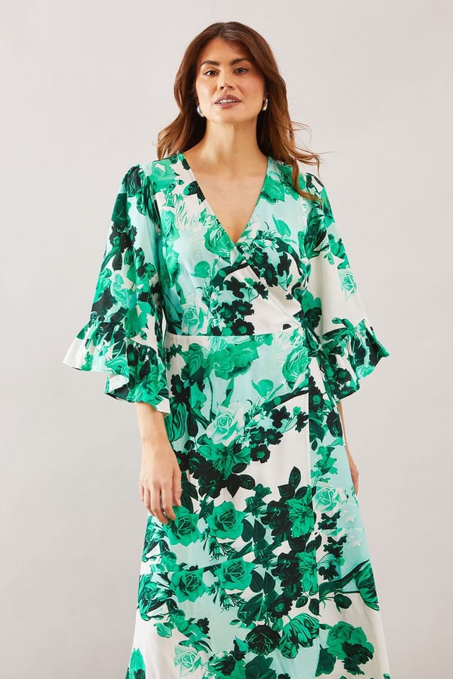 Wallis Wallis Women's Floral Wrap Ruffle Midi Dress in Green - 2