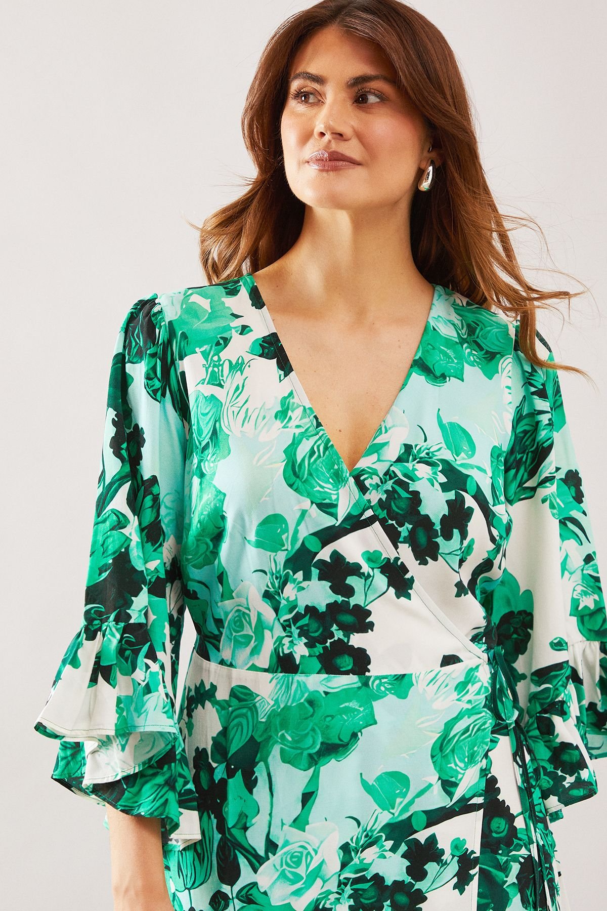 Wallis Wallis Women's Floral Wrap Ruffle Midi Dress in Green - 3