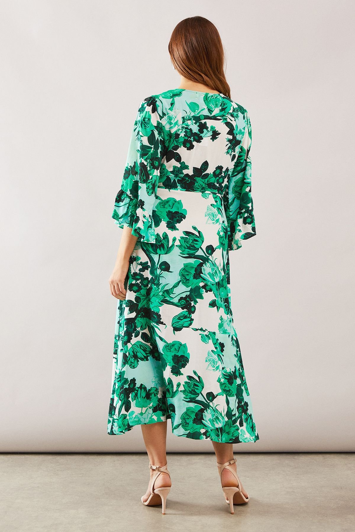 Wallis Wallis Women's Floral Wrap Ruffle Midi Dress in Green - 4