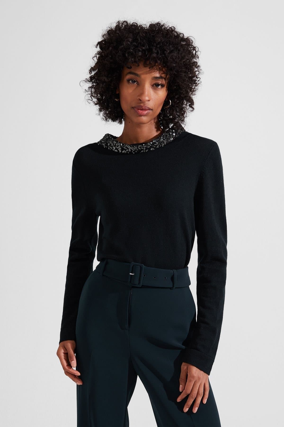 Hobbs London Hobbs London Women's Esther Embellished Neck Jumper in Bottle Green