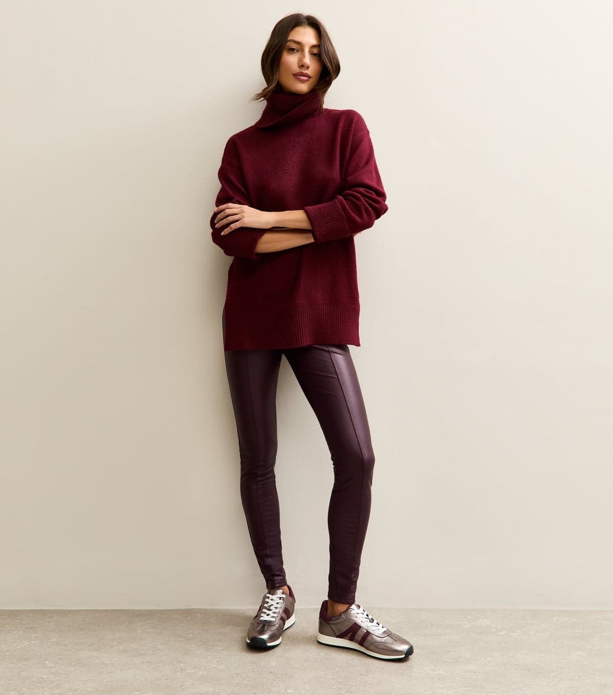 New Look New Look Burgundy Faux Leather Seams High-Rise Leggings