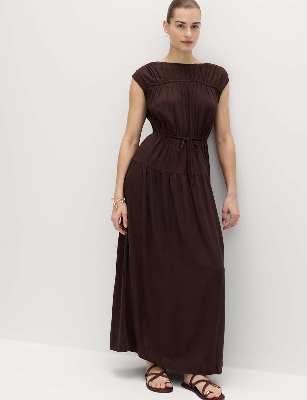 Marks & Spencer M&S Ruched Maxi Waisted Dress with Linen Peat