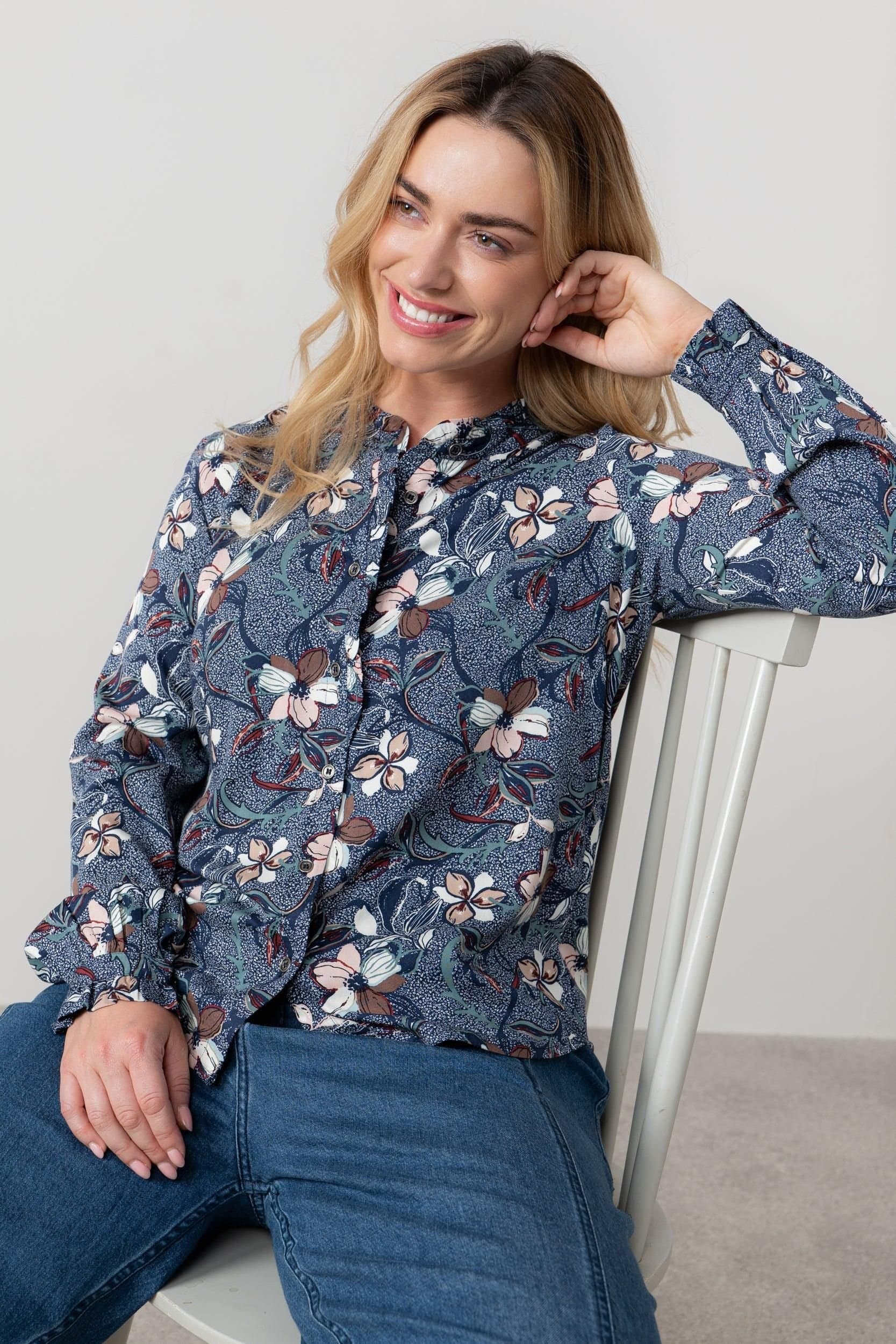 Lily & Me Lily & Me Women's Rachel Frill Printed Long Sleeve Blouse in Navy