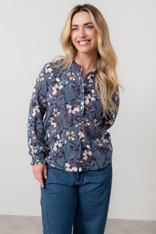 Lily & Me Lily & Me Women's Rachel Frill Printed Long Sleeve Blouse in Navy - 2