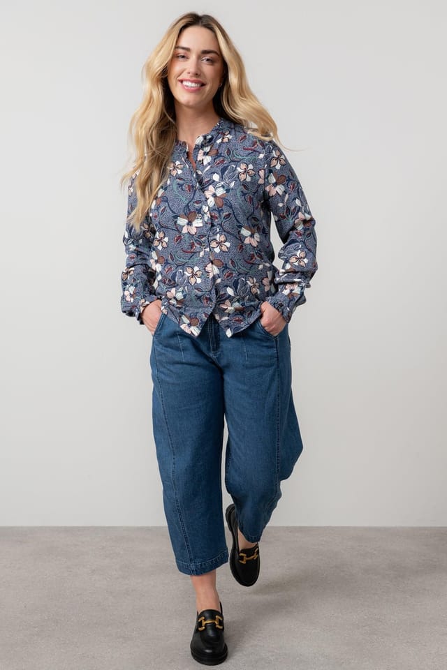 Lily & Me Lily & Me Women's Rachel Frill Printed Long Sleeve Blouse in Navy - 3