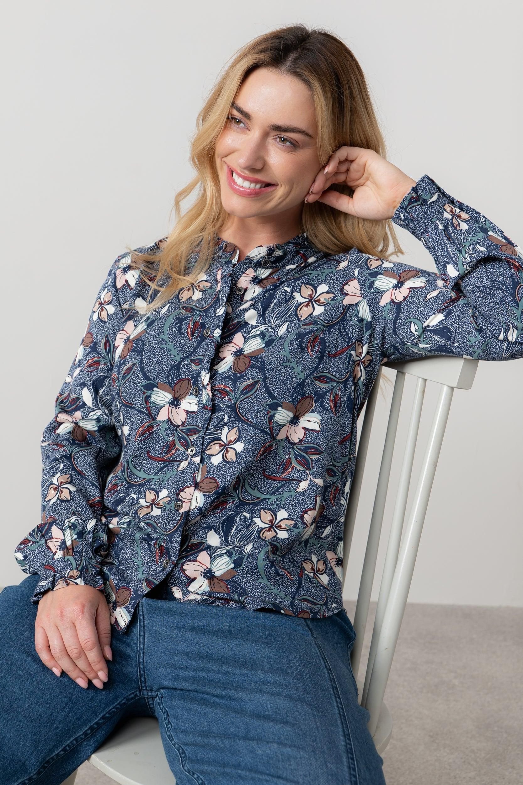 Lily & Me Lily & Me Women's Rachel Frill Printed Long Sleeve Blouse in Navy - 4