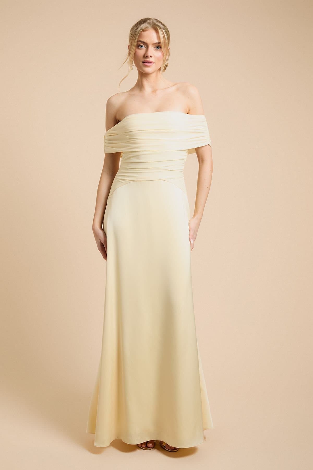 Oasis Oasis Women's Mesh & Satin Bardot Bridesmaid Dress in Butter