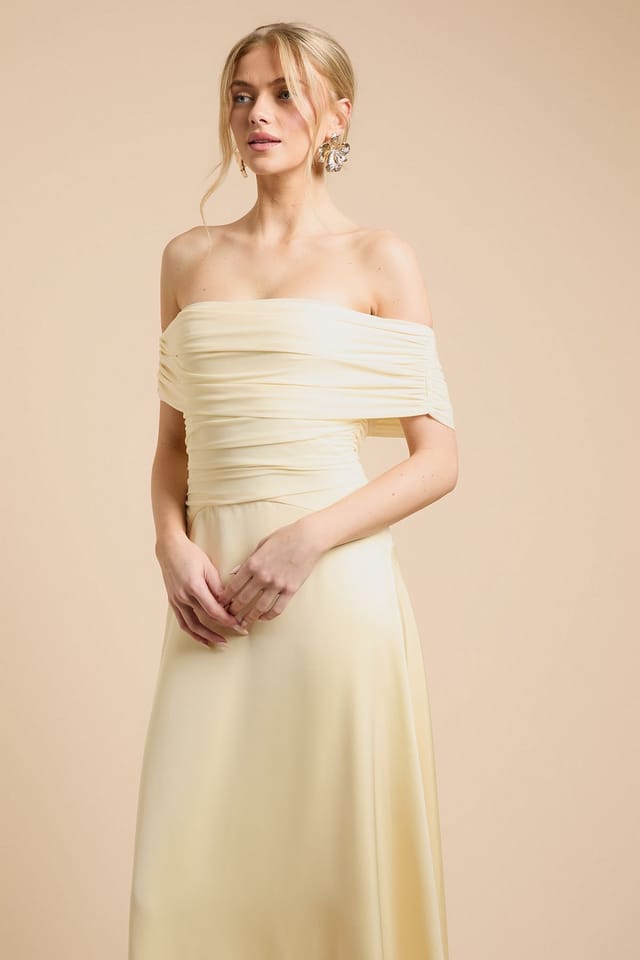 Oasis Oasis Women's Mesh & Satin Bardot Bridesmaid Dress in Butter - 2