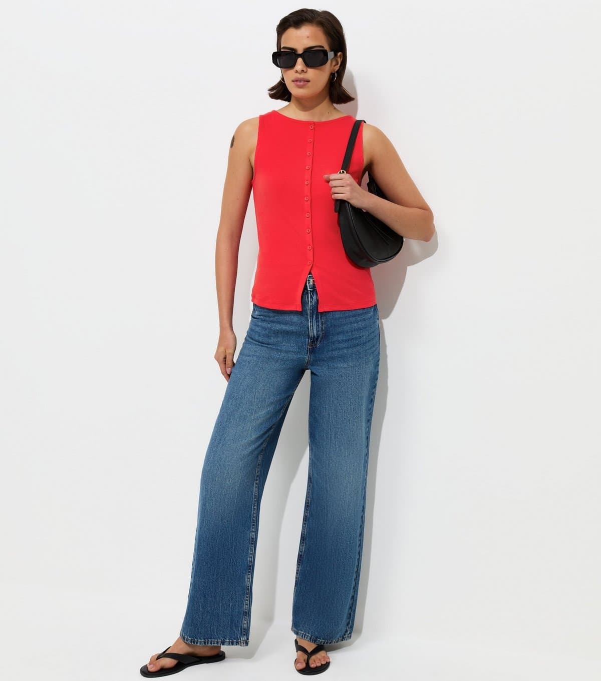 New Look Women's Bright Red Cotton Rich Button Through Tank Top New Look