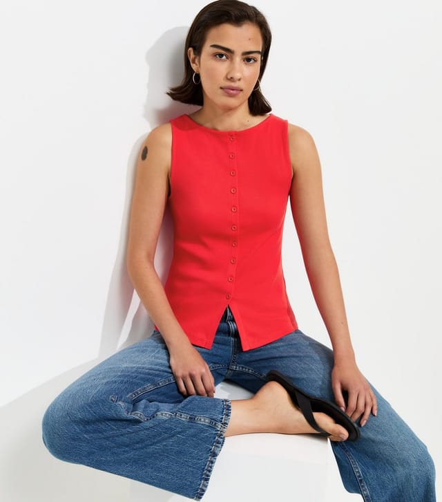 New Look Women's Bright Red Cotton Rich Button Through Tank Top New Look - 2