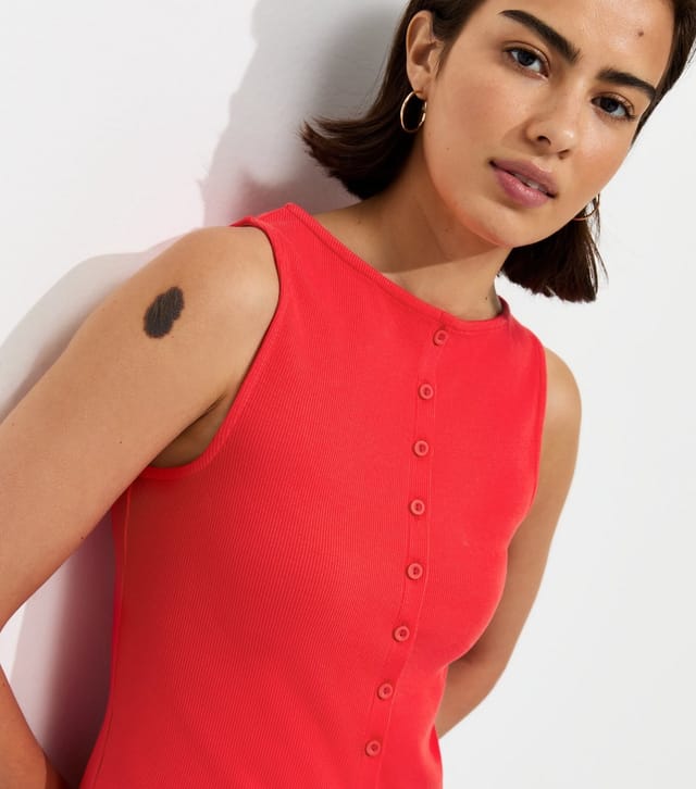 New Look Women's Bright Red Cotton Rich Button Through Tank Top New Look - 3