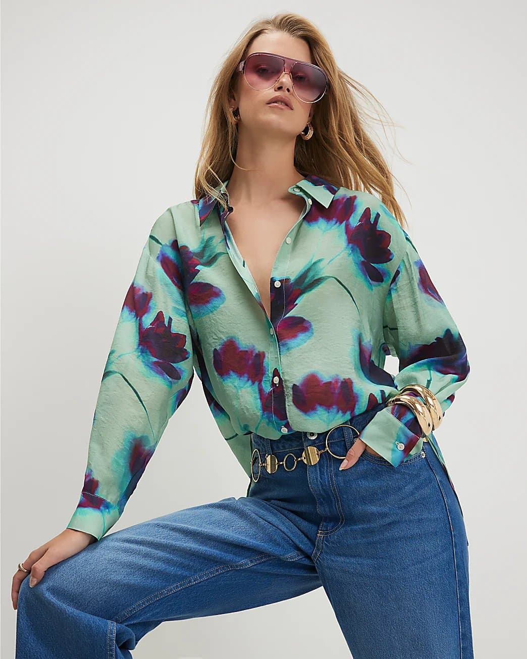 River Island River Island Womens Blue Floral Long Sleeve Blouse