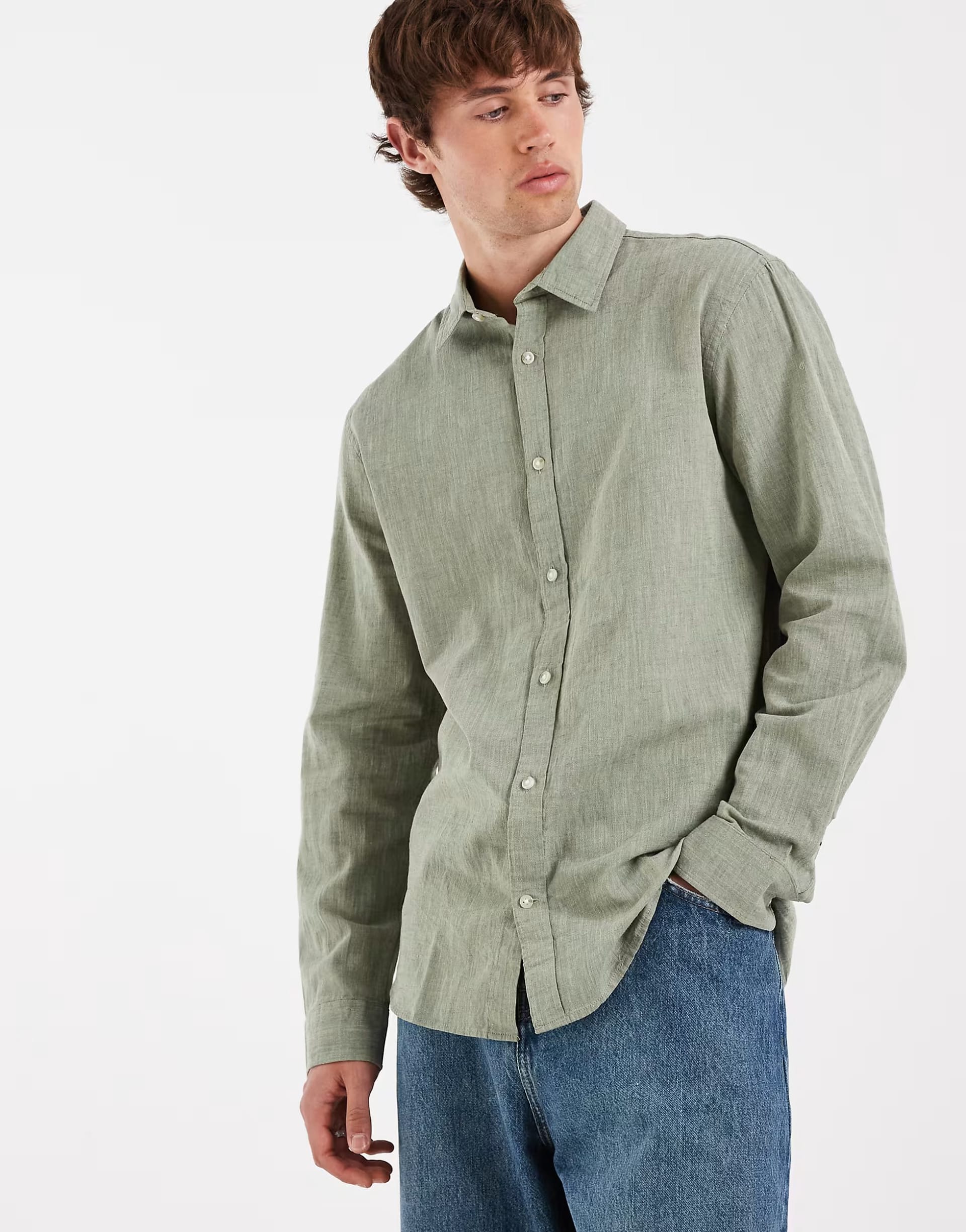 Jack & Jones Sage Green Linen Mix Long Sleeve Shirt