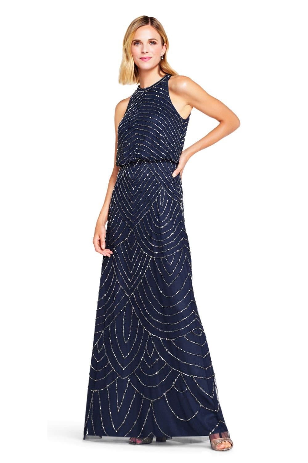 Adrianna Papell Adrianna Papell Women's Beaded Halter Gown in Navy
