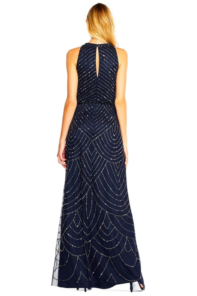 Adrianna Papell Adrianna Papell Women's Beaded Halter Gown in Navy - 3