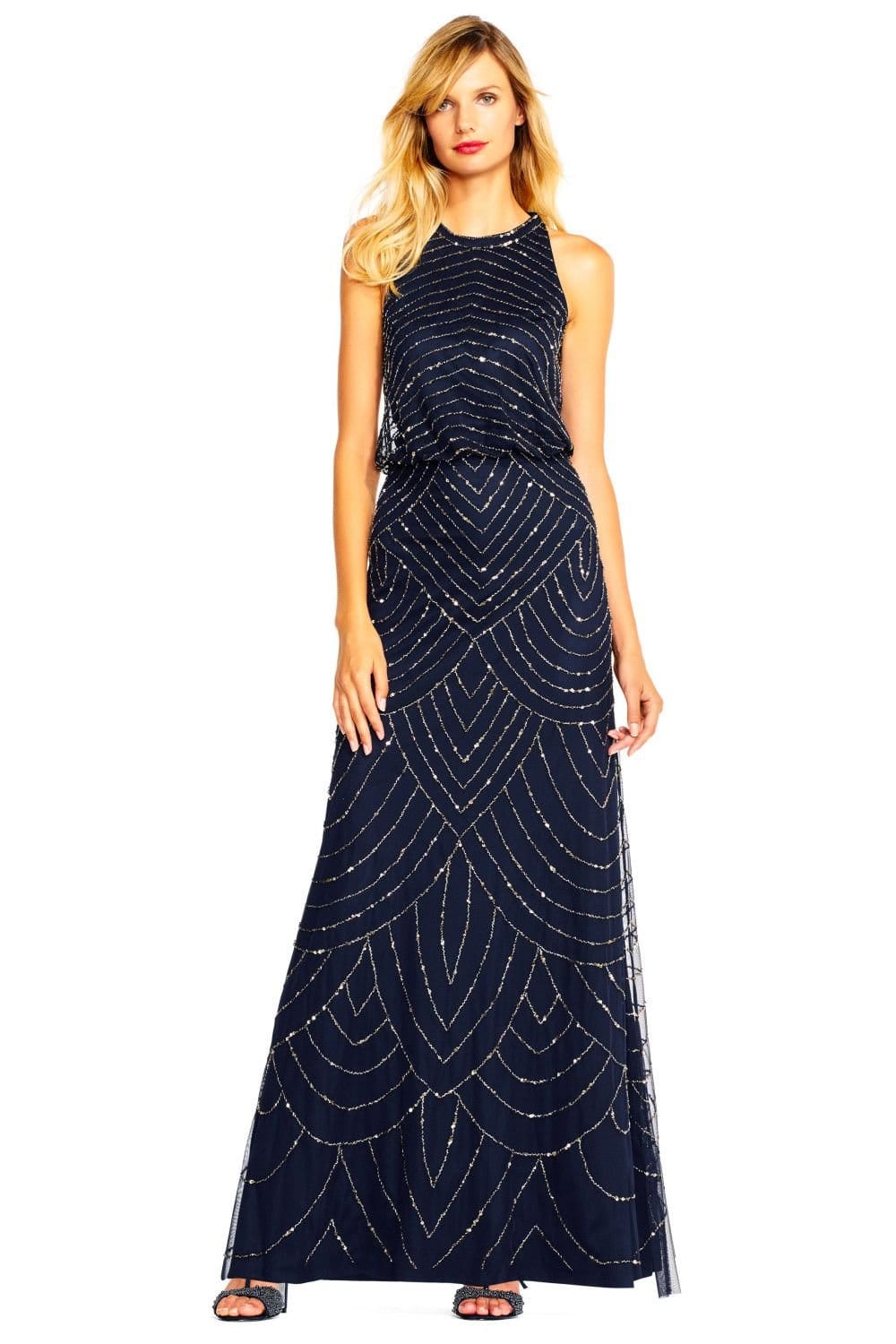 Adrianna Papell Adrianna Papell Women's Beaded Halter Gown in Navy - 4