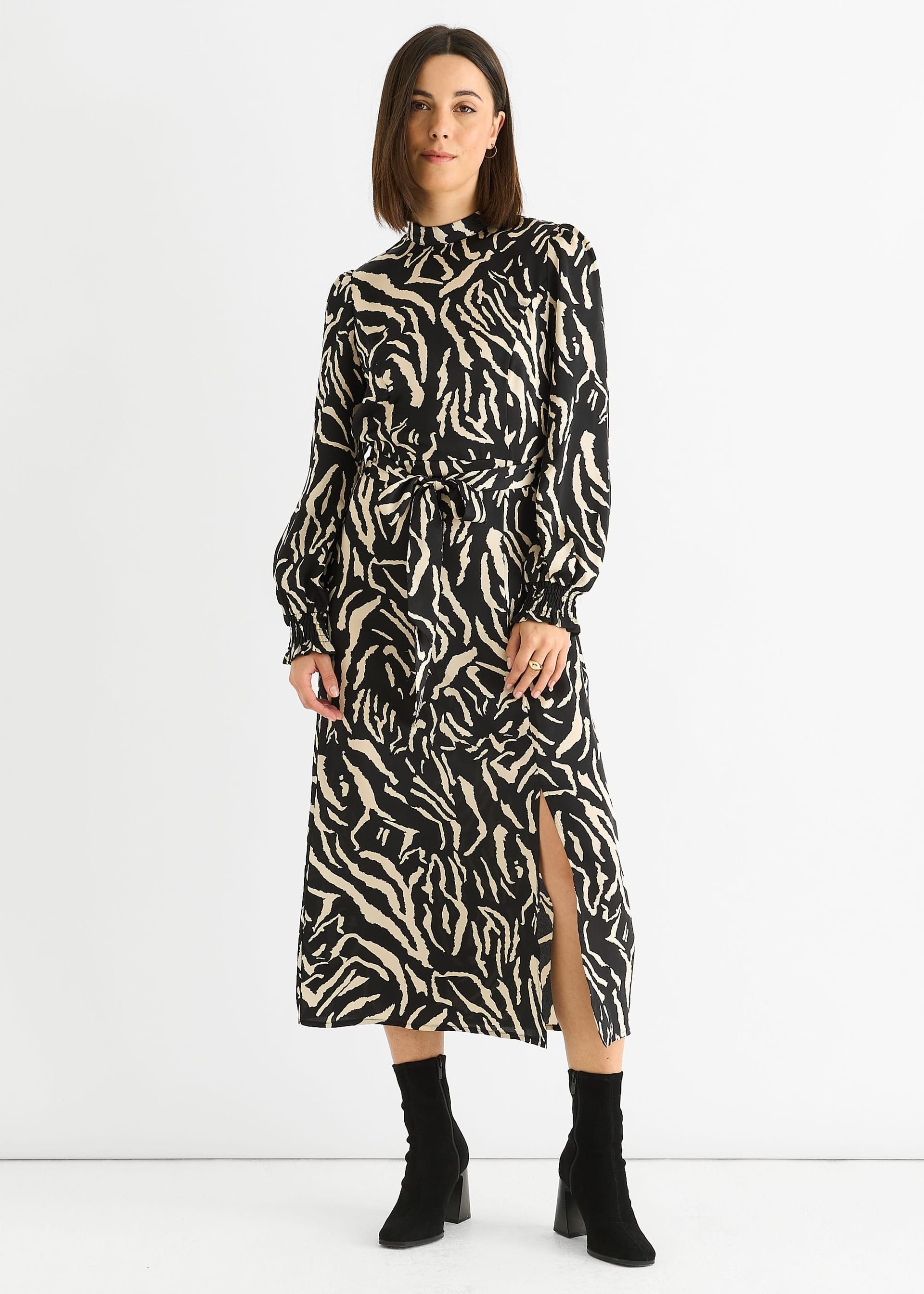 Gini London Women's Black Animal High Neck Satin Midi Dress