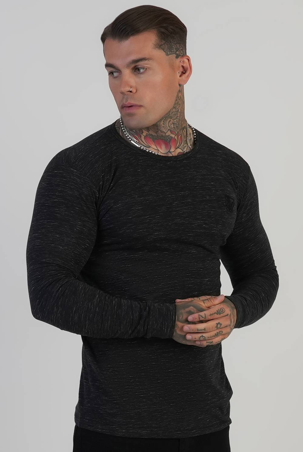 SikSilk SikSilk Men's Long Sleeve Marl T-Shirt in Black - 2