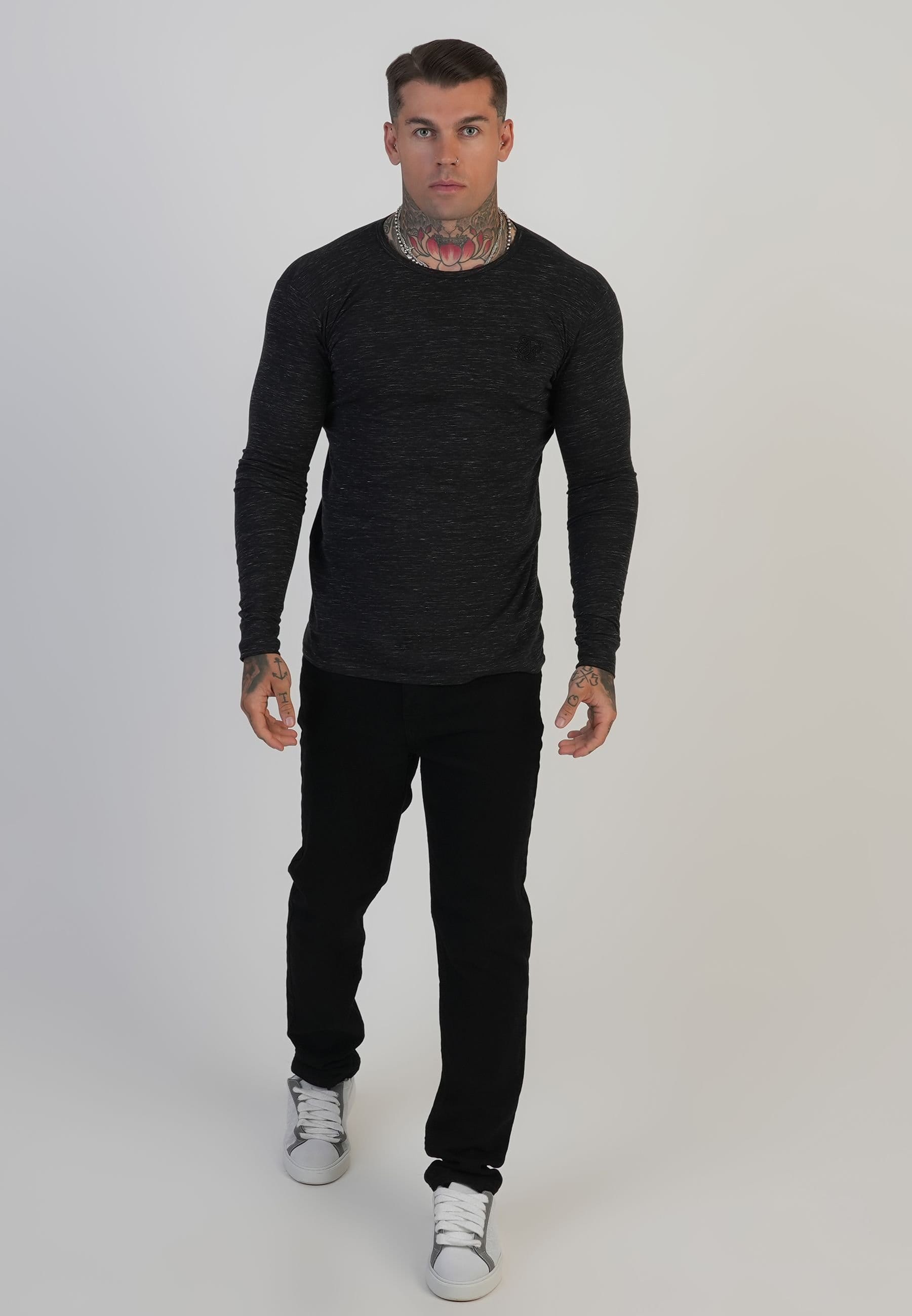SikSilk SikSilk Men's Long Sleeve Marl T-Shirt in Black - 4