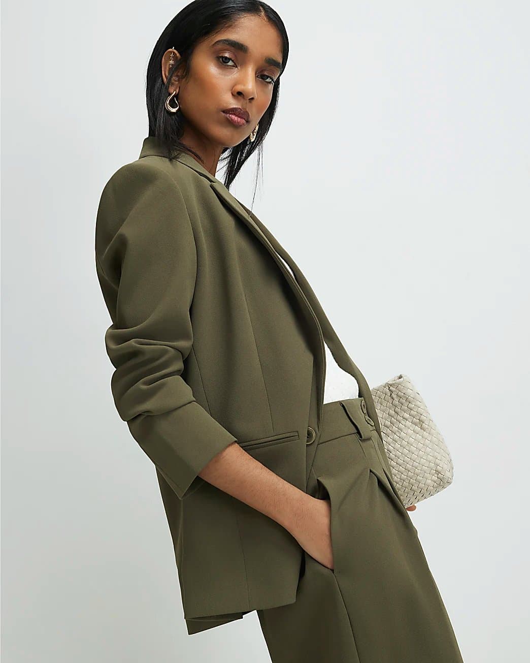 River Island River Island Womens Green Long Sleeve Ruched Blazer