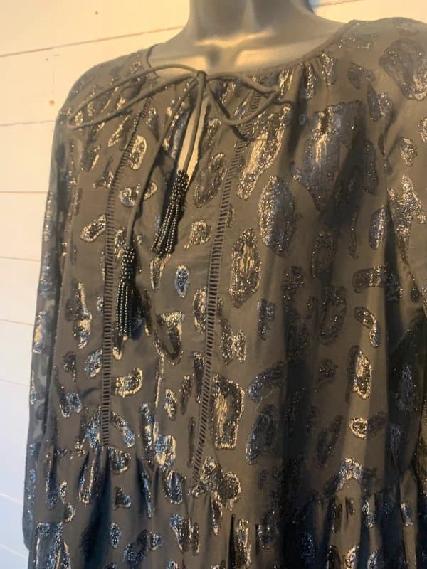 Monsoon Gallery black metallic leopard print tassel tie boho dress UK XS