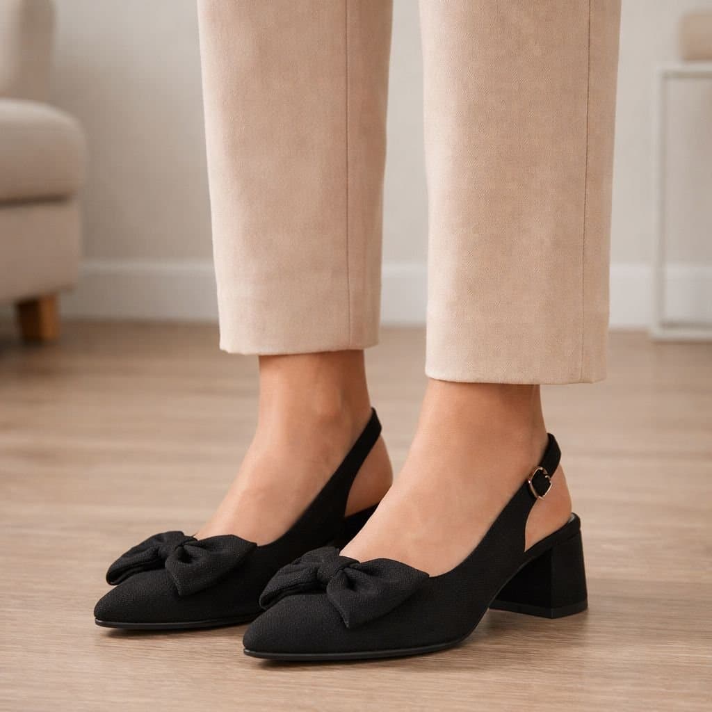 Truffle Collection Truffle Collection Women's Heeled Slingbacks Pointed Toe Buckle Strap Linen Summer Shoes in Black