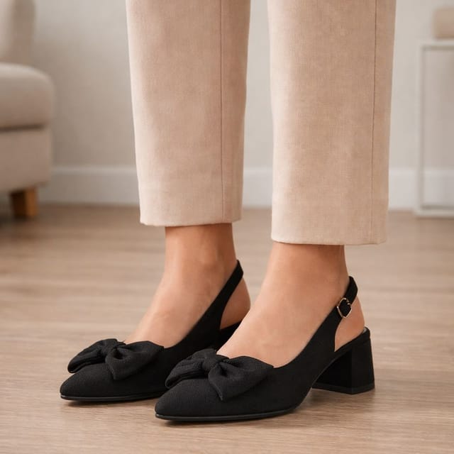 Truffle Collection Truffle Collection Women's Heeled Slingbacks Pointed Toe Buckle Strap Linen Summer Shoes in Black - 2