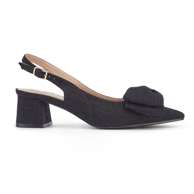 Truffle Collection Truffle Collection Women's Heeled Slingbacks Pointed Toe Buckle Strap Linen Summer Shoes in Black - 3