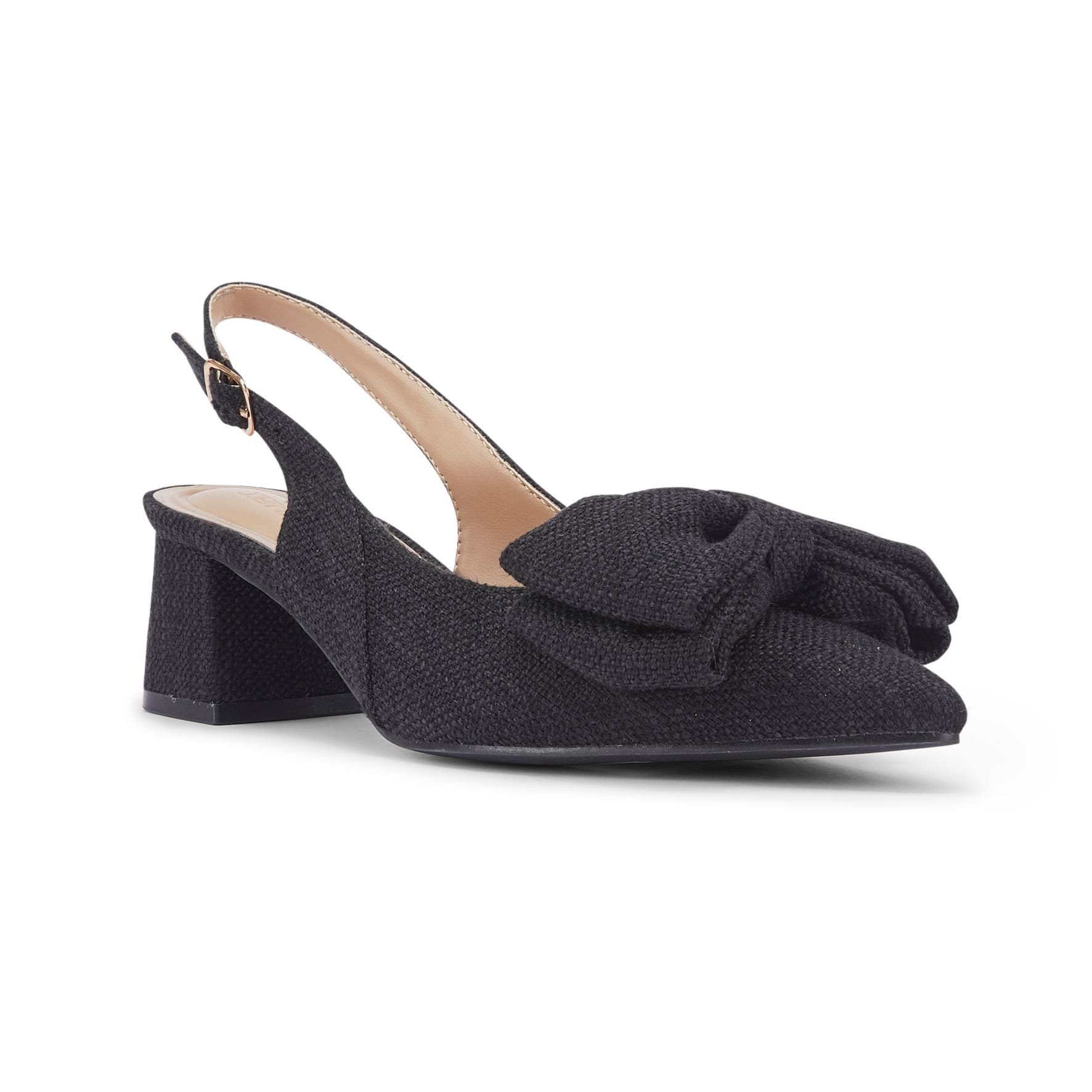 Truffle Collection Truffle Collection Women's Heeled Slingbacks Pointed Toe Buckle Strap Linen Summer Shoes in Black - 4