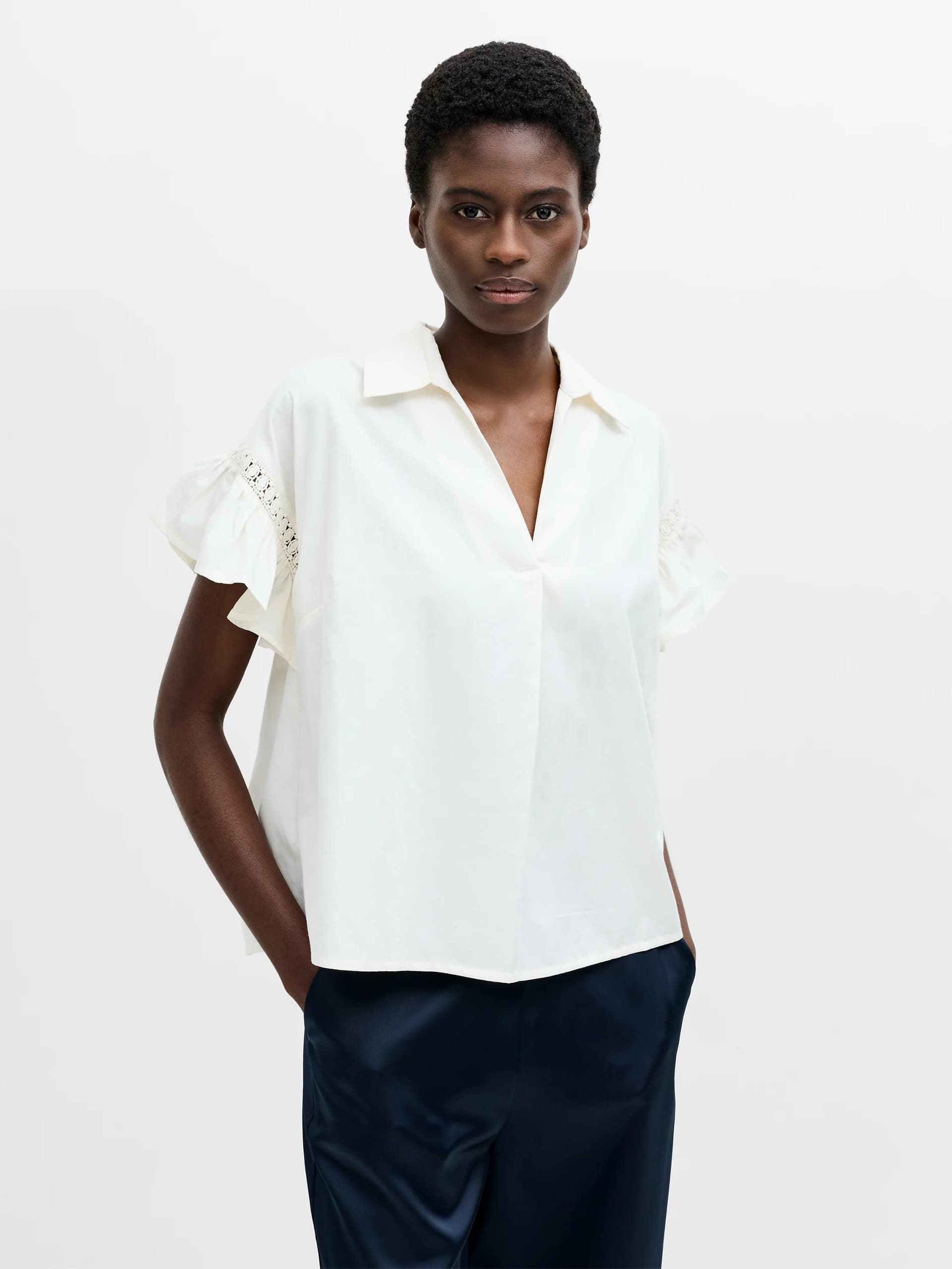 French Connection Trim Detail Flutter Sleeve Popover Shirt Porcelain Cream