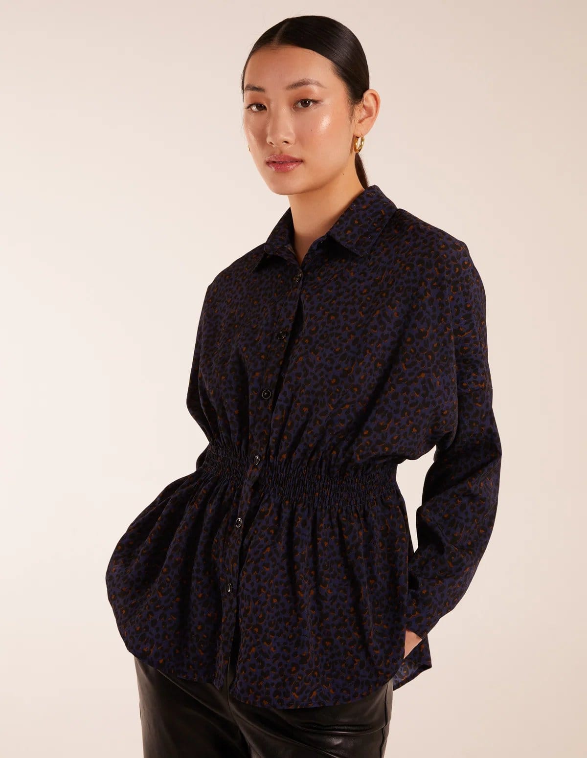 Blue Vanilla Leopard Print Shirred Waist Shirt - 1