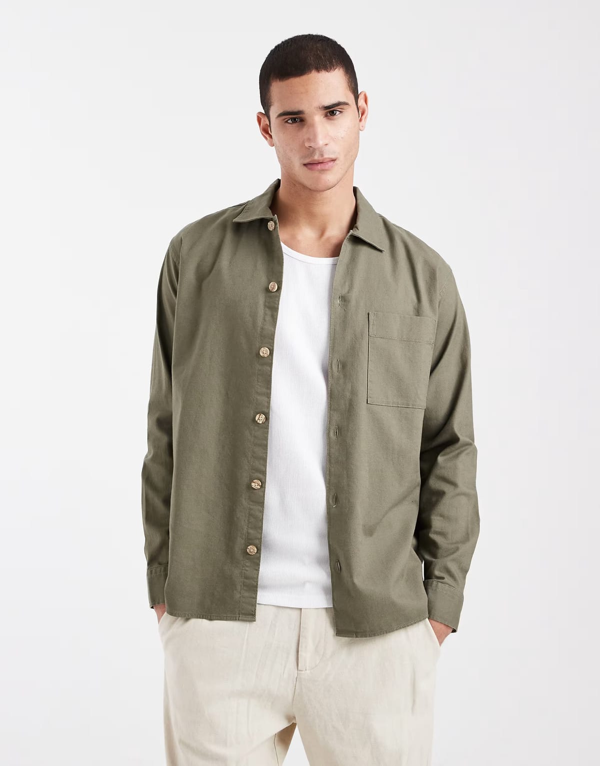 ASOS Jack & Jones linen mix overshirt in khaki - 1