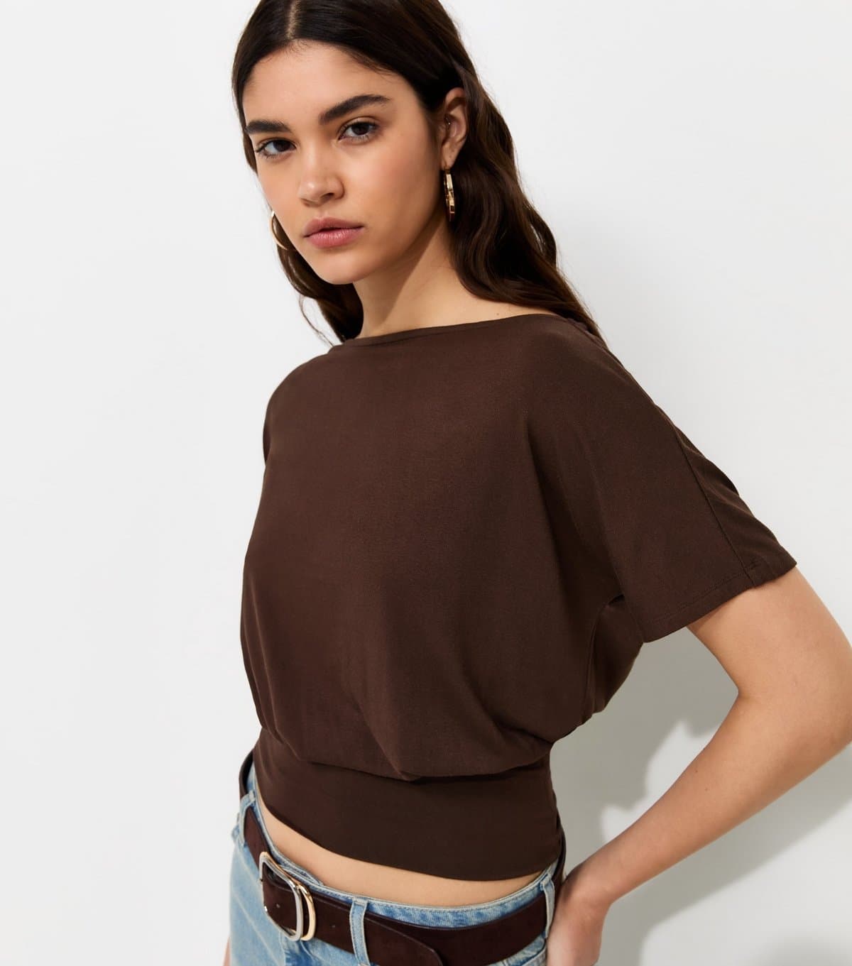 New Look Women's Dark Brown Jersey Draped Wide Waistband Top New Look
