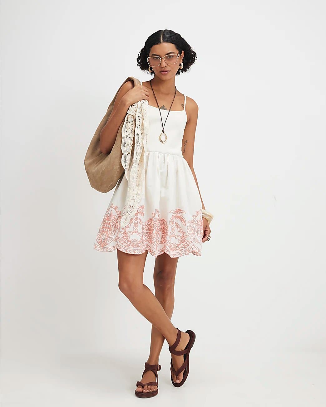 River Island River Island Womens Cream Embroidered Palm Tree Hem Mini Dress