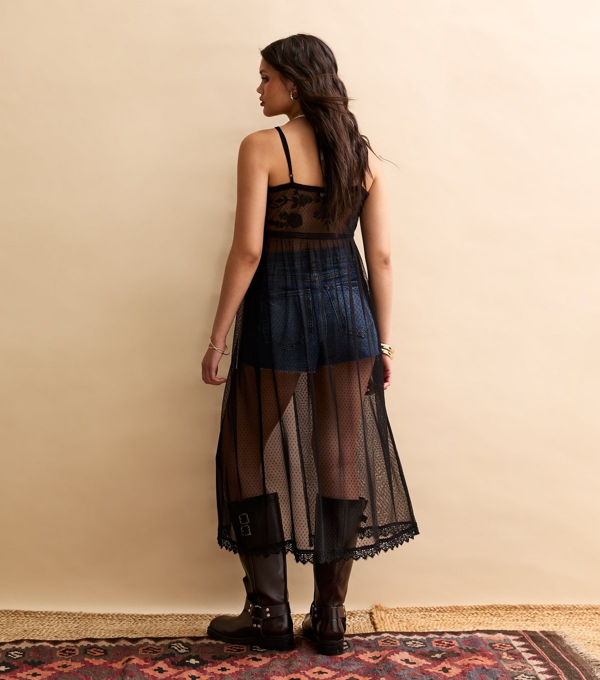 New Look Women's Black Polka Dot Mesh Longline Semi Sheer Cami Top New Look - 4