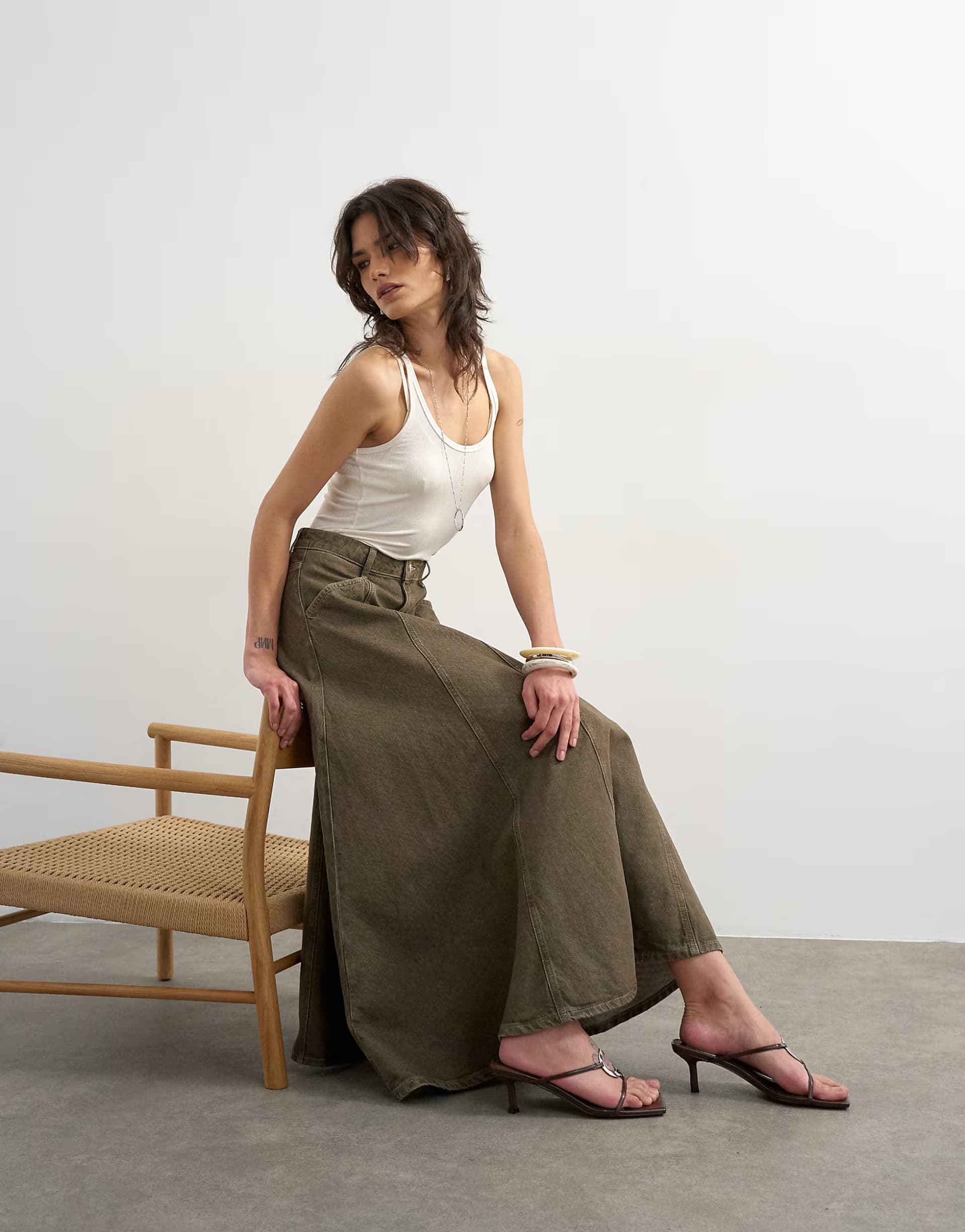 ASOS Topshop denim circle seamed maxi skirt in olive