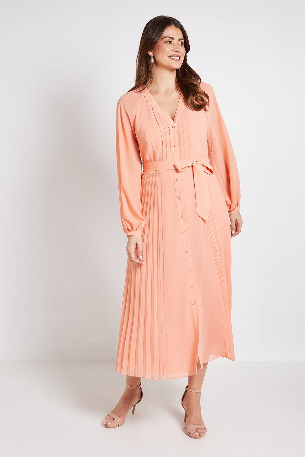 Wallis Wallis Women's Chiffon Pleat Detail Midi Dress in Apricot - 2