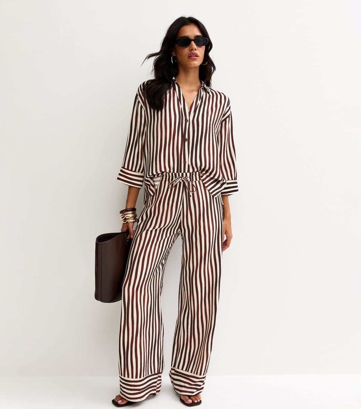 New Look Women's Brown and Cream Striped Wide Leg Trousers New Look