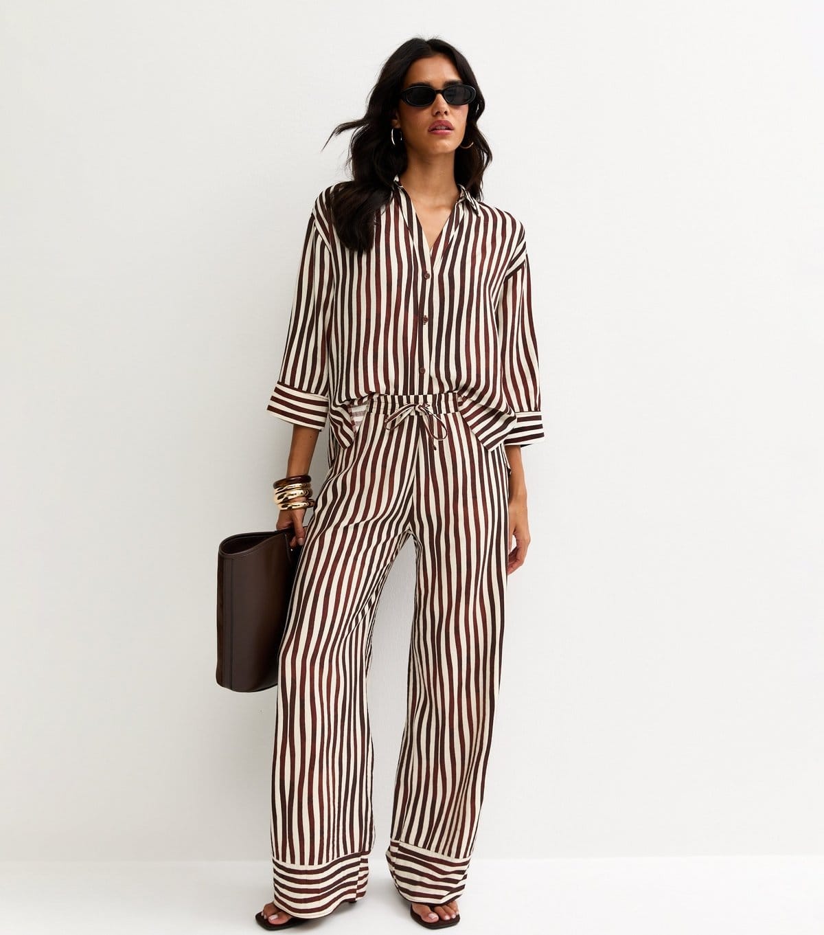 New Look Women's Brown and Cream Striped Wide Leg Trousers New Look - 2