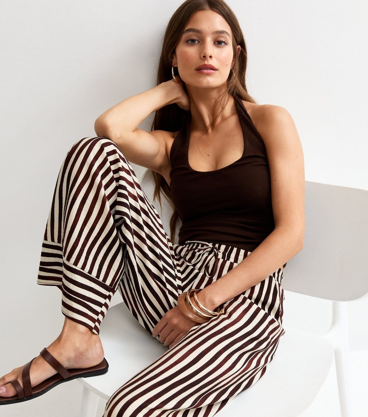 New Look Women's Brown and Cream Striped Wide Leg Trousers New Look - 3