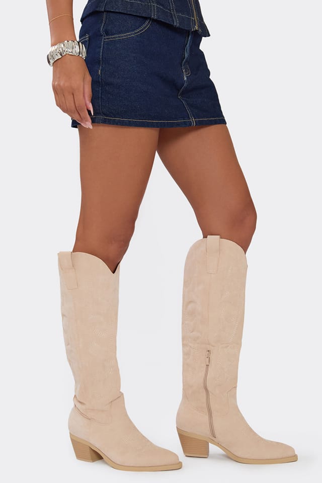 EGO EGO Women's Knee High Embroidered Faux Suede Block Heel Boots in Light Beige - 2