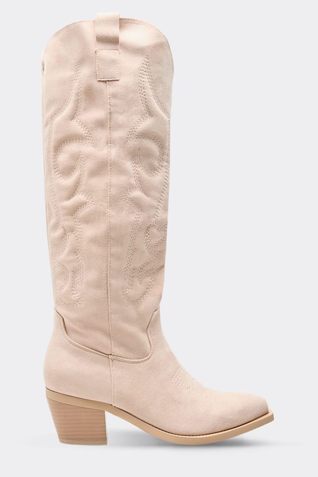 EGO EGO Women's Knee High Embroidered Faux Suede Block Heel Boots in Light Beige - 3