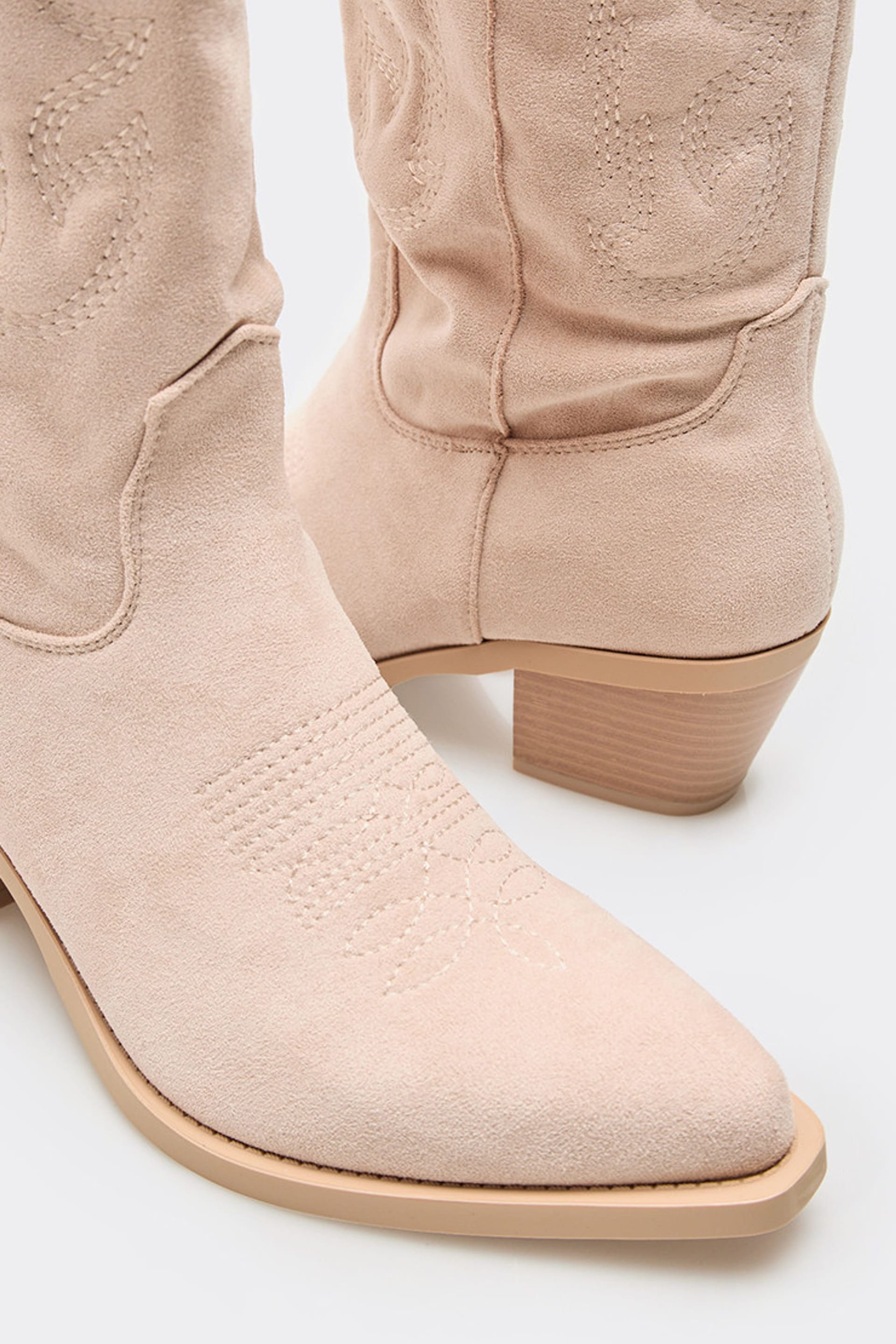 EGO EGO Women's Knee High Embroidered Faux Suede Block Heel Boots in Light Beige - 4