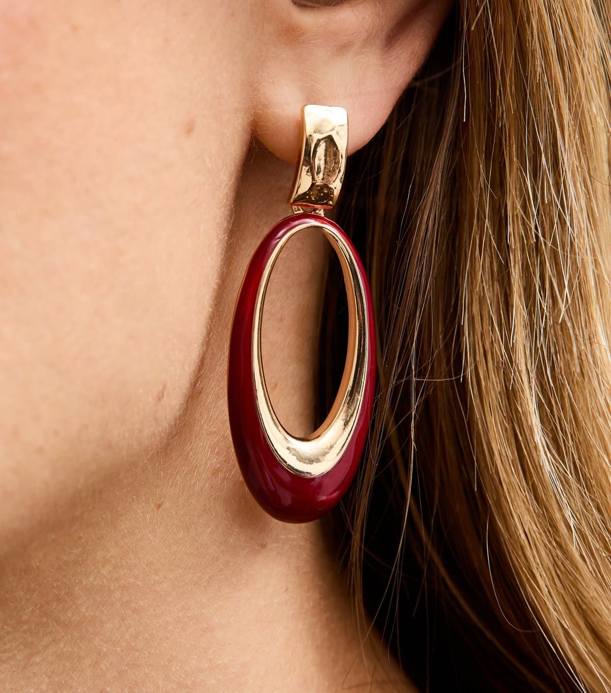 New Look New Look Gold Tone Dark Burgundy Oval Drop Earrings