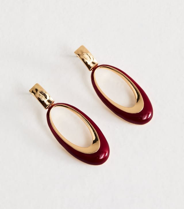 New Look Gold Tone Dark Burgundy Oval Drop Earrings New Look - 3