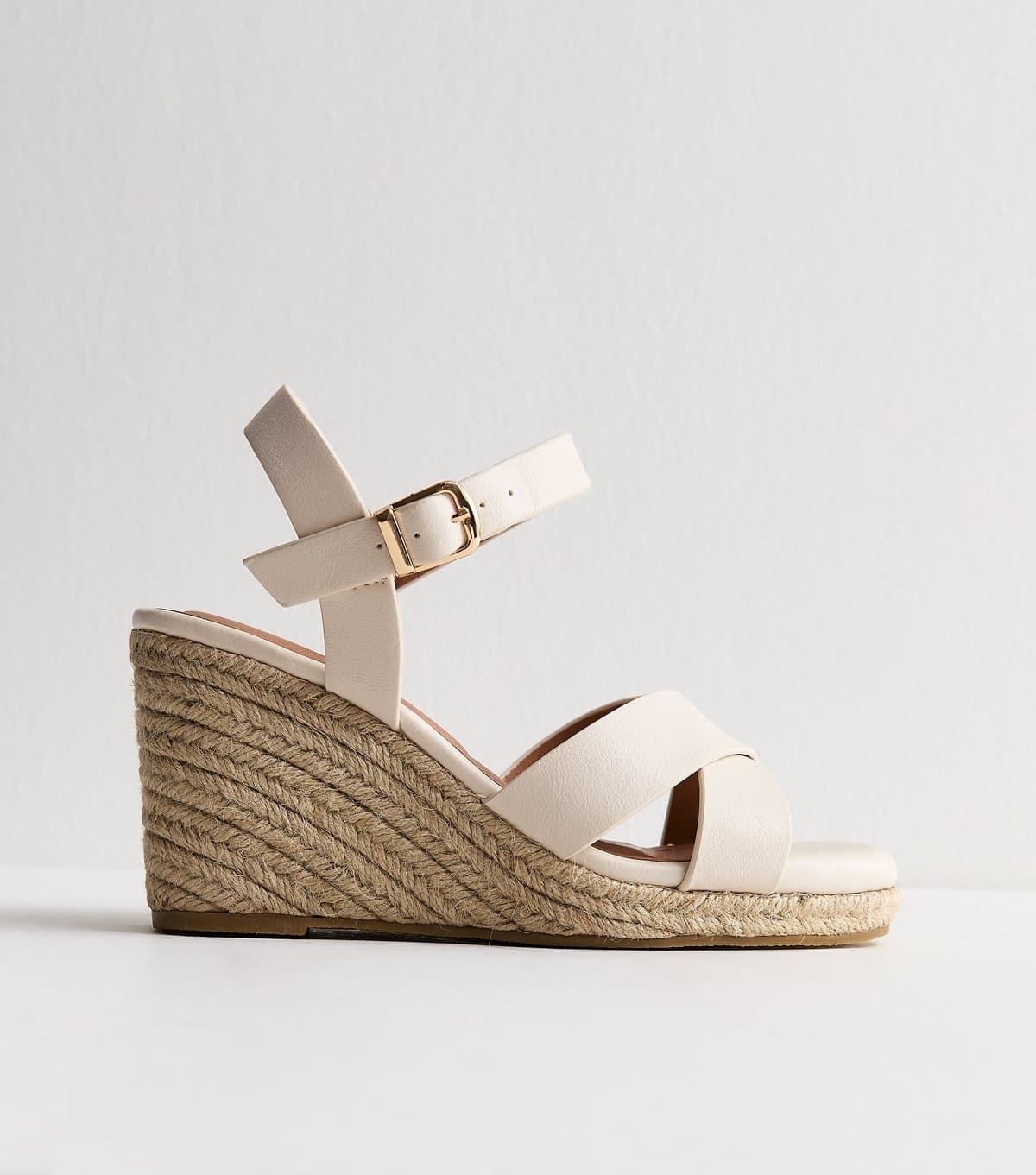 New Look Women's Extra Wide Fit Off White Faux Leather Cross Strap Wedges Vegan New Look