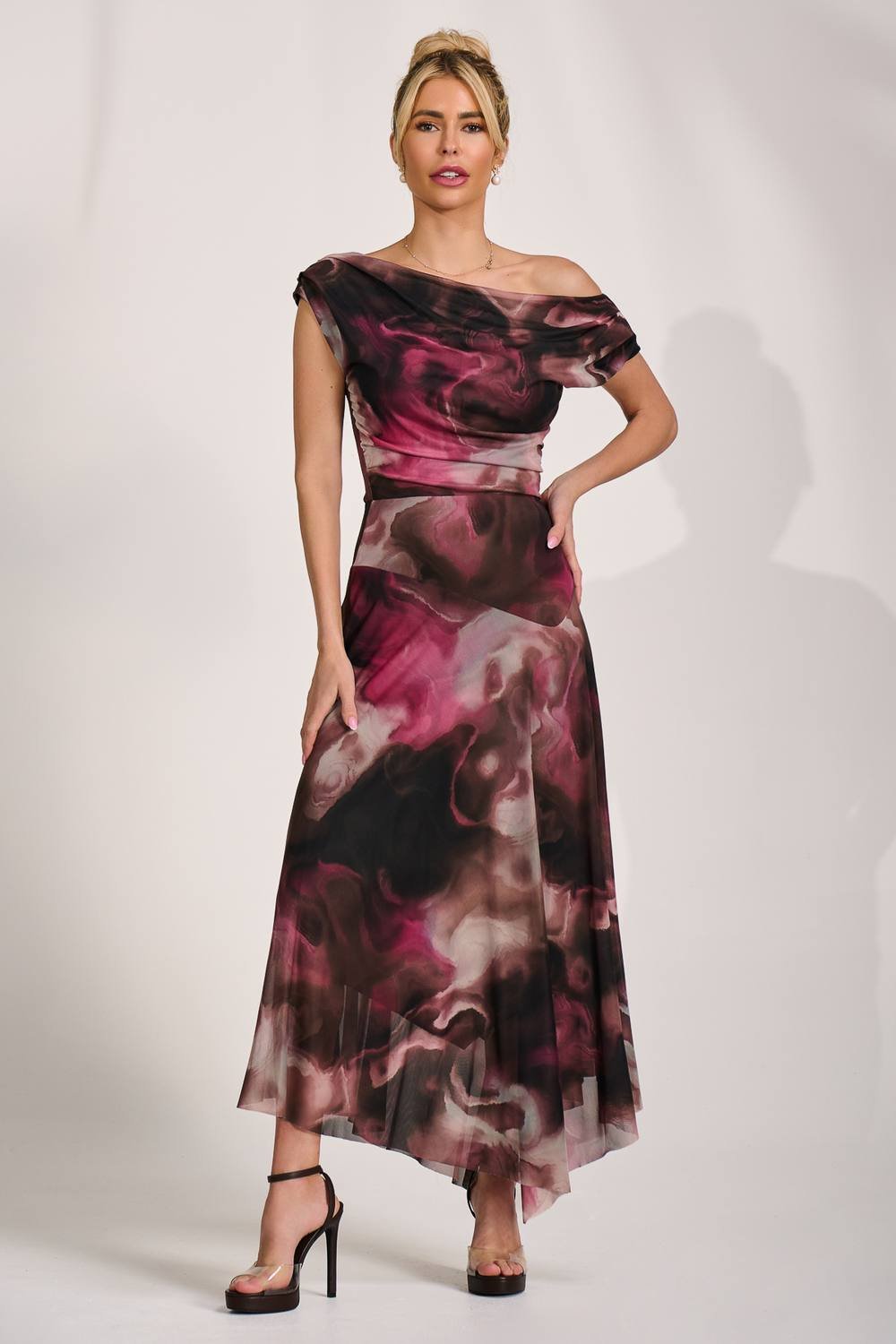 Jolie Moi Jolie Moi Women's Asymmetrical Draped Mesh Maxi Dress in Pink - 3