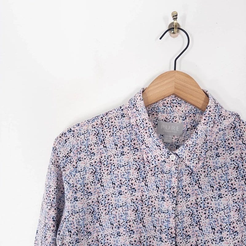 Pure Collection Pure Collection 100% Silk Shirt Size 12 Button Up Pink Blue Black Patterned - 1