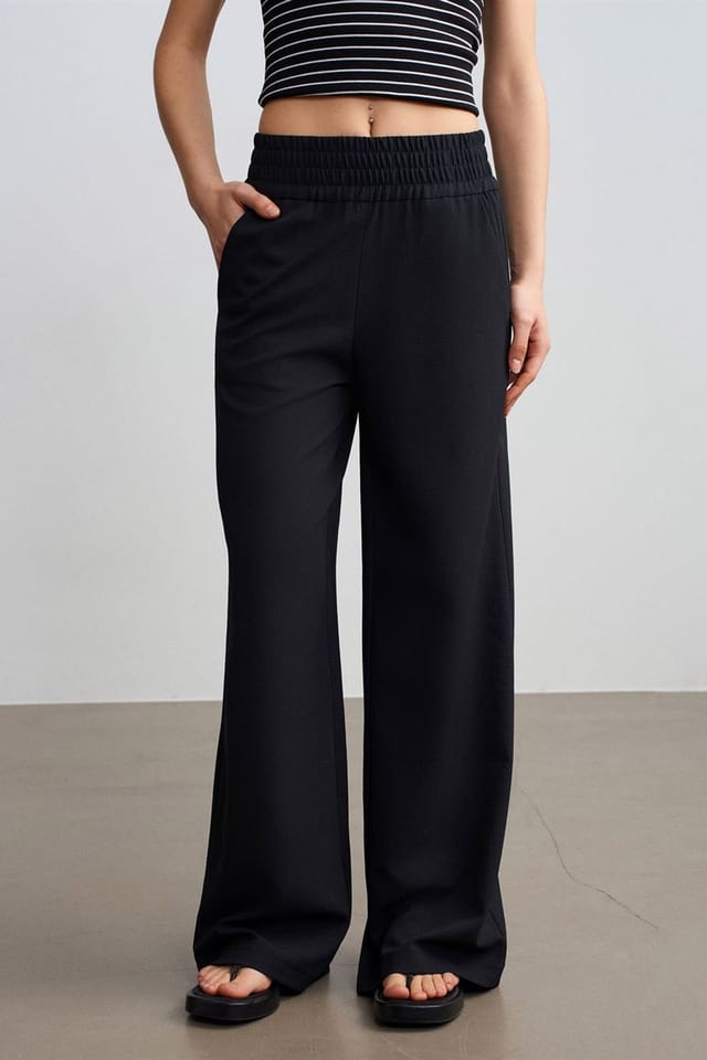 Dilvin Dilvin Women's Wide-leg Crepe Trousers in Black - 3