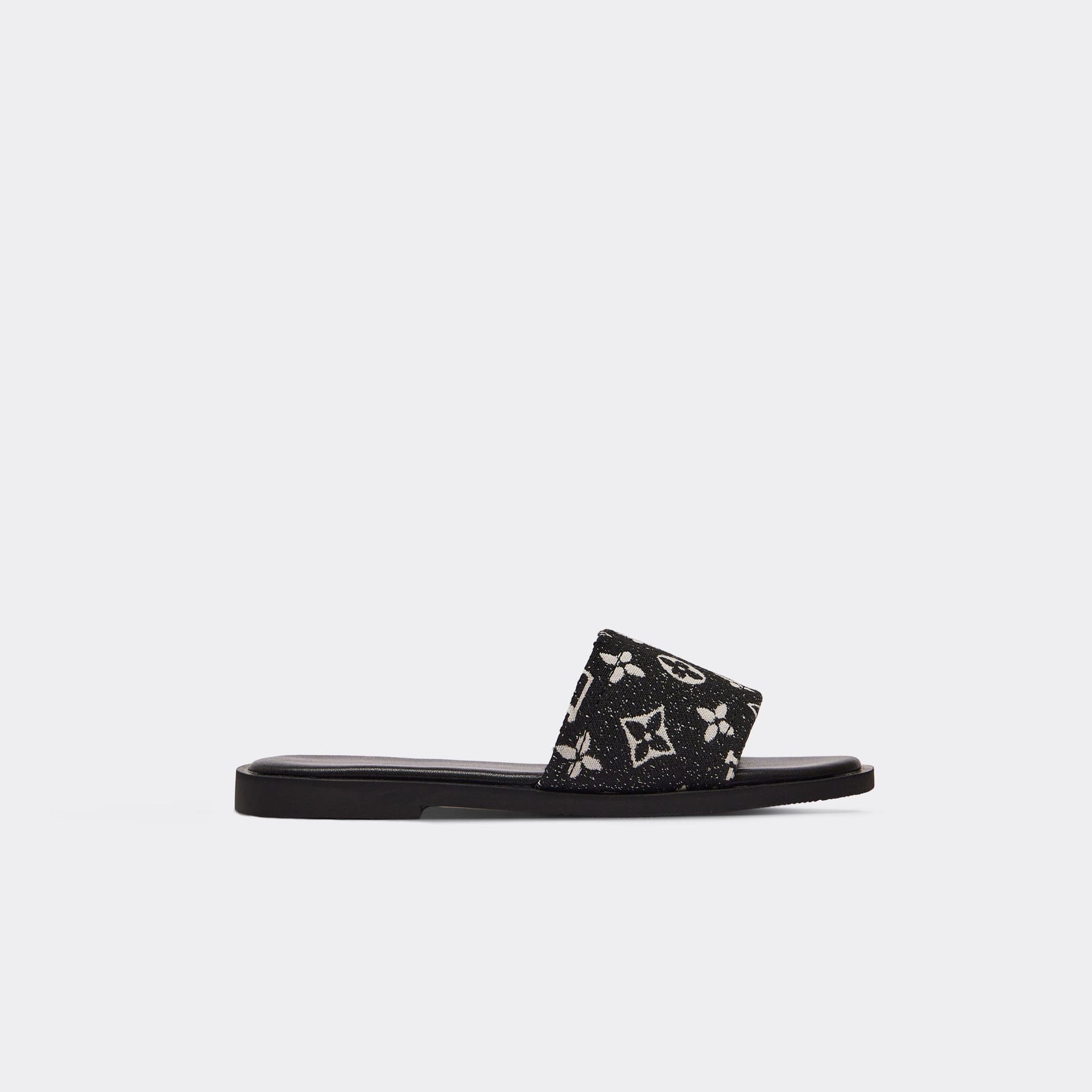 EGO Kane Printed Detail Flat Slider Sandal In Black Denim, Women's Size UK 3